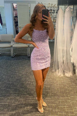 Lilac Sheath Spaghetti Straps Short Graduation Dress with Appliques