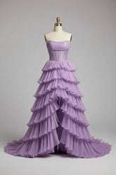 Lilac Strapless Prom Dress Chiffon Beaded A Line Tiered Formal Evening Dress
