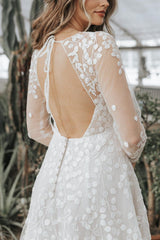 Long A Line Unique V Neck Long Sleeves Appliques Bridal Gown With Slit