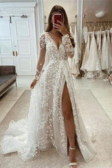 Long A Line Unique V Neck Long Sleeves Appliques Bridal Gown With Slit