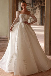 Long Ivory Wedding Dress A Line Square Neck Lace Beading Bridal Gown With Long Sleeves