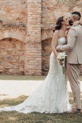 Long Ivory Wedding Dress Mermaid Strapless Lace Bridal Gown With Train