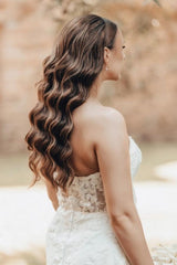 Long Ivory Wedding Dress Mermaid Strapless Lace Bridal Gown With Train