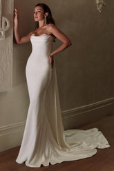 Long Ivory Wedding Dress Mermaid Strapless Satin Bridal Gown With Lace