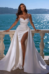 Long Mermaid Spaghetti Strap Satin Wedding Dress with Sweetheart Neckline and Slit