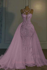 Mermaid V Neck Spaghetti Strap Heavy Bridal Gown With Beadings