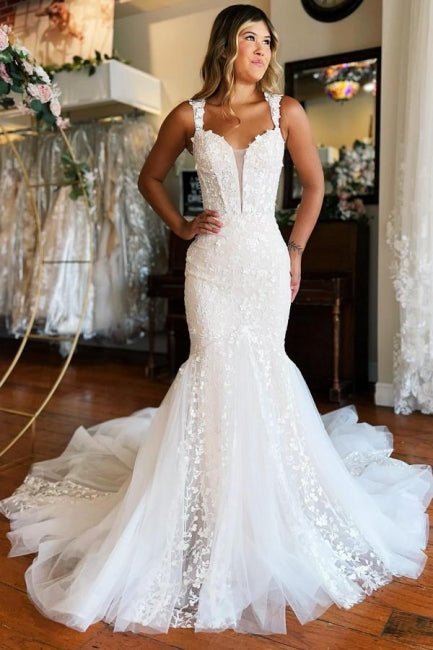 Long Mermaid Wedding Dress Off The Shoulder Lace Sleeveless Bridal Gown With Train