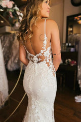 Long Mermaid Wedding Dress Spaghetti Straps V Neck Backless Bridal Gown