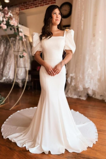 Long Mermaid Wedding Dress Square Neck Satin Backless Bridal Gown With Short Sleeves