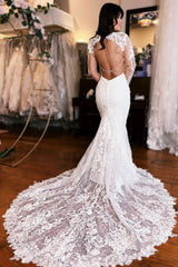 Long Mermaid Wedding Dress V Neck Backless Lace Bridal Gown With Long Sleeves