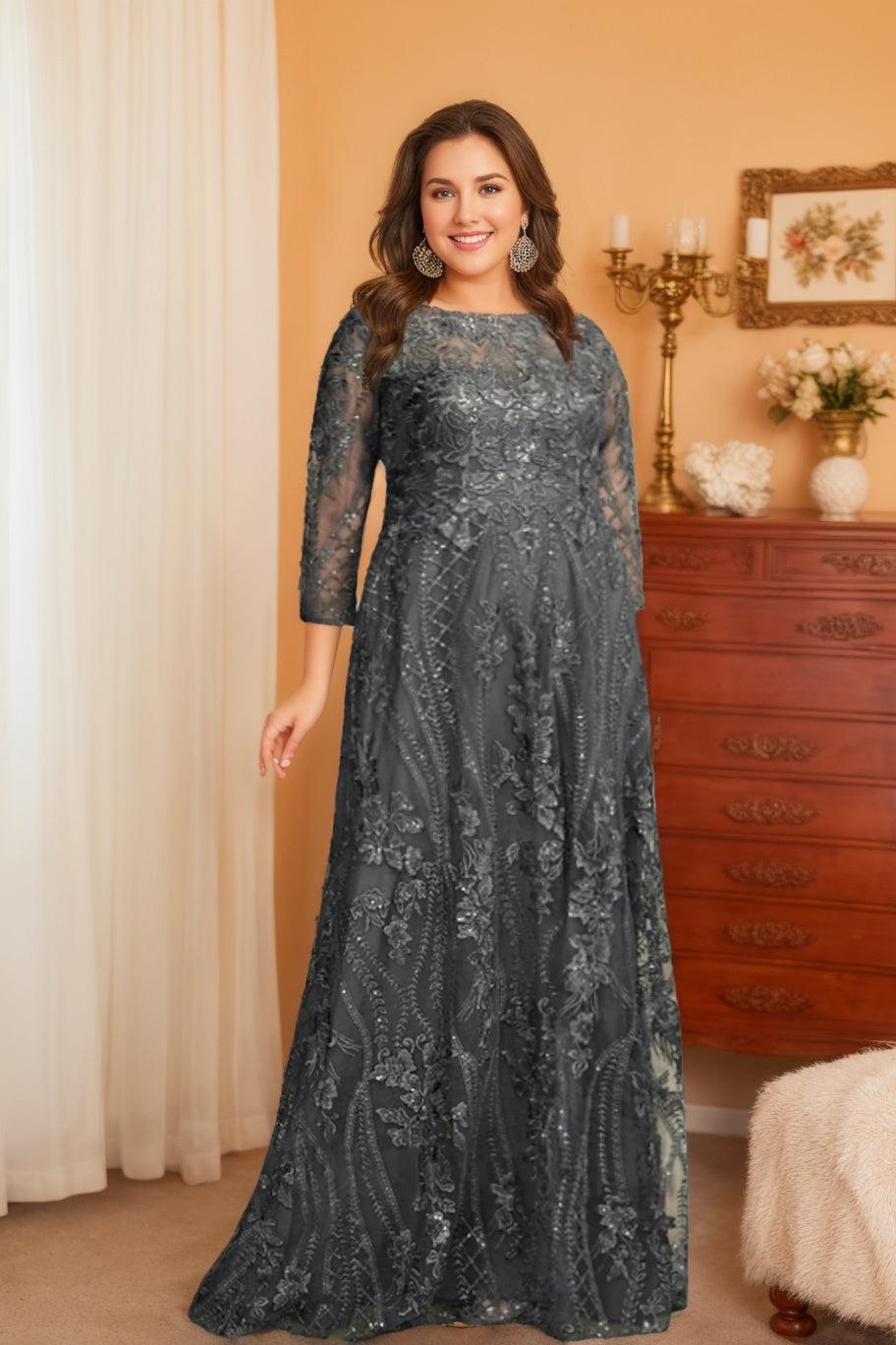 Long-Sleeve A-Line Princess Mother of the Bride Dress Featuring Applique