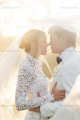 Long Sleeve Beach Wedding Dress Lace High Neck Mermaid Bridal Gown