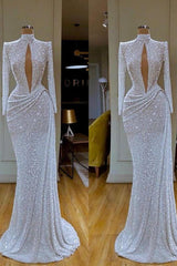 Long Sleeve Evening Dress High Neck Keyhole Sequined Formal Dress