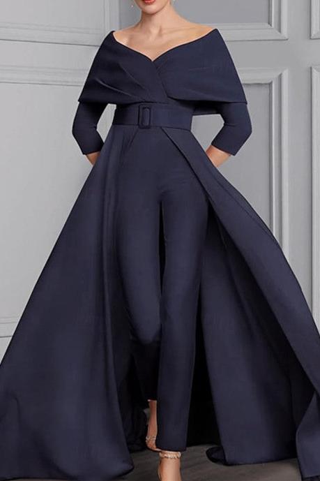 Long-Sleeve Scoop Neck Pantsuit for the Mother of the Bride Featuring a Belt