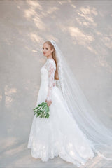 Long Sleeve Wedding Dress Ivory Lace A Line Bridal Gown