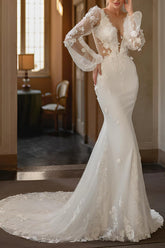 Long Sleeves Court Train Elastic Satin Beach Wedding Dresses - Mermaid Illusion Neck