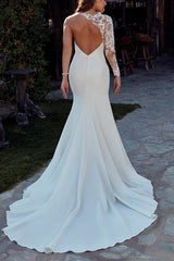 Long Sleeves Court Train Elastic Satin Wedding Dresses With Appliques Lace