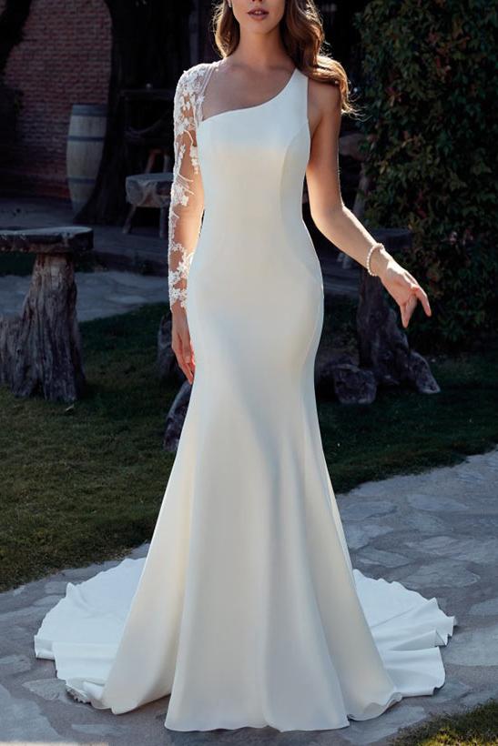 Long Sleeves Court Train Elastic Satin Wedding Dresses With Appliques Lace