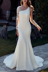 Long Sleeves Court Train Elastic Satin Wedding Dresses With Appliques Lace