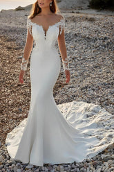 Long Sleeves Court Train Lace/Elastic Satin Beach Wedding Dresses With Appliques Lace