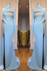 Long Sleeves Evening Dress High Neck Mermaid Prom Dress Long With Slit