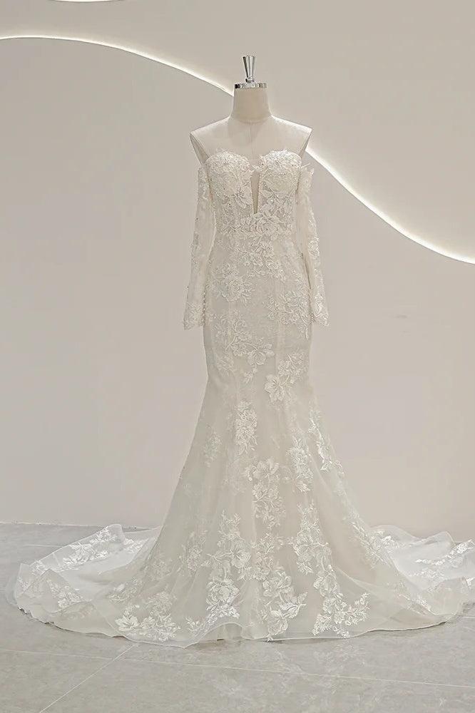 Long Sleeves Off the Shoulder Wedding Dress Tulle Mermaid Bridal Gown