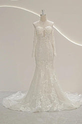 Long Sleeves Off the Shoulder Wedding Dress Tulle Mermaid Bridal Gown