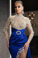 Long Sleeves Royal Blue High Split Sparkle Beaded Prom Dress