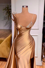 Long Sleeves Spaghetti Straps Mermaid Evening Dress with Beadings, Ruffles, and Split