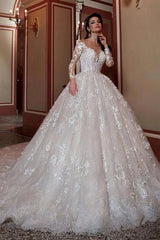 Long Sleeves Wedding Dress Ball Gown Bridal Gown with Lace Appliques