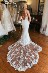 Long V Neck Wedding Dress Mermaid Sleeveless Bridal Gown With Lace