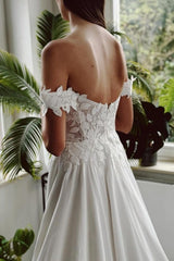 Long White Wedding Dress A Line Off The Shoulder Bridal Gown With Slit