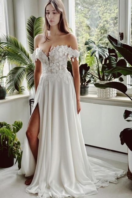 Long White Wedding Dress A Line Off The Shoulder Bridal Gown With Slit