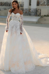 Long White Wedding Dress A Line Off The Shoulder Lace Bridal Gown With Long Sleeves