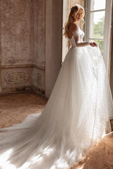 Long White Wedding Dress A Line Off The Shoulder Tulle Rhinestones Pearls Bridal Gown