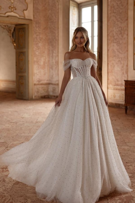 Long White Wedding Dress A Line Off The Shoulder Tulle Rhinestones Pearls Bridal Gown