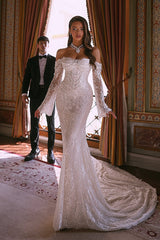 Long White Wedding Dress Mermaid Off The Shoulder Beaded Lace Bridal Gown With Long Sleeves
