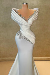 Long White Wedding Dress Mermaid Off The Shoulder Lace Satin Bridal Gown With Rhinestones
