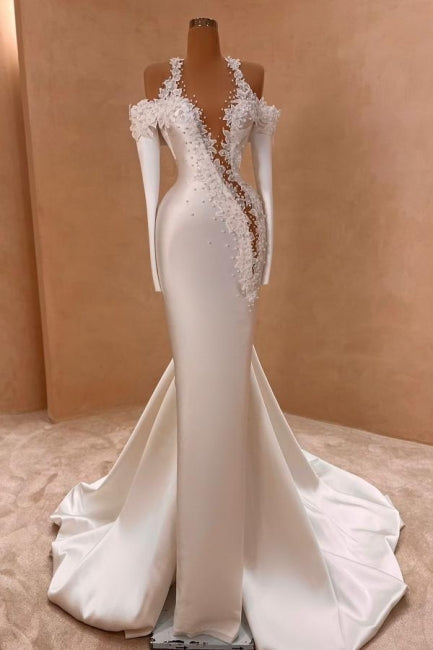 Long White Wedding Dress Mermaid Straps Satin Long Sleeves Bridal Gown With Pearls