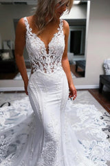 Long White Wedding Dress Mermaid Straps V Neck Backless Bridal Gown With Lace