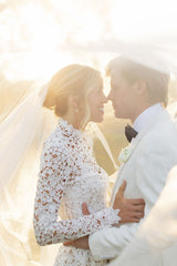 Long Sleeve Beach Wedding Dress Lace High Neck Mermaid Bridal Gown