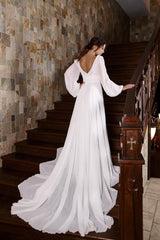 Long Sleeve Beach Wedding Dress V Neck A Line Bridal Gown with Slit