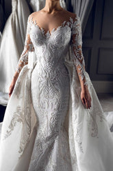Dreamyannie Long Sleeve Wedding Dress Ivory Mermaid Crew Neck Bridal Gown with Detachable Train