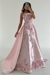 Luxurious A-Line Strapless Satin Pink Party Dress With Court Train Appliques Formal Evening Gown