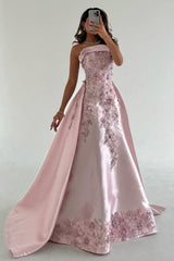Luxurious A-Line Strapless Satin Pink Party Dress With Court Train Appliques Formal Evening Gown