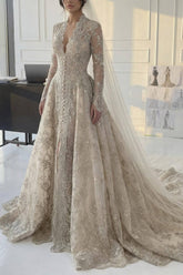 A Line V Neck Champagne Long Wedding Dress With Appliques Lace Bridal Gown