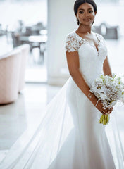 Luxurious Lace Mermaid Wedding Dress Tulle Bridal Dress With Panel Train