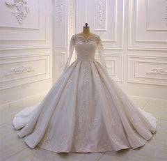 Luxurious White Wedding Dress Long Sleeves Appliques Beaded Ball Gown Bridal Dress