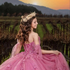 Luxury Ball Gown Off Shoulder 3D Flowers Lace Appliques Quinceanera Dress For Sweet 16