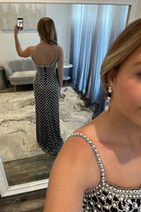 Luxury Black Pearls Spaghetti Straps Prom Dress With Statement Bow And High Slit Formal Evening Gown